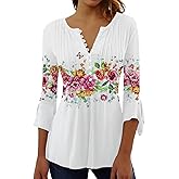 Womens Tops Dressy Casual Pleated Button Neck Summer Blouses 3/4 Flared Sleeve Fall Shirts