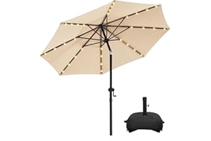 wikiwiki 9FT Solar Led Patio Umbrella with Base, Sturdy Outdoor Market Umbrella for Deck, Pool, Garden w/Tilt, Crank, 32 LED Lights, Beige