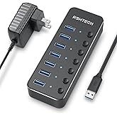 USB 3.0 Hub, RSHTECH 7 Port Powered USB Hub Expander Aluminum USB 3.0 Data Port hub with Universal 5V AC Adapter and Individu