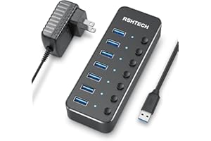 USB 3.0 Hub, RSHTECH 7 Port Powered USB Hub Expander Aluminum USB 3.0 Data Port hub with Universal 5V AC Adapter and Individual On/Off Switches USB Splitter for Laptop and PC(Black)
