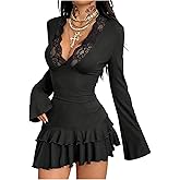 BEAUDRM Women's Y2k Lace Dress Long Sleeve V Neck Ruffle Layered Asymmetrical Fitted Mini Dresses