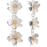 Elegant Bohemian Matte Tiered Triple Flower Dangle Drop Earrings Chic Charm Cute Long Floral Stud Earrings for Women Statement Jewelry Gifts