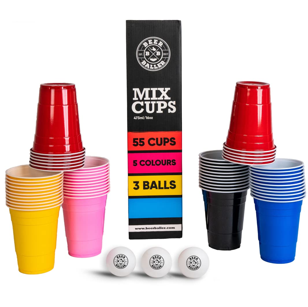 BeerBaller® Mix Cups - 5 Colors - 55 Beer Pong Cups - 3 Beer Pong Balls | 473ml - 16oz Party Cups | dishwasher safe & reusable | Beer Pong Cups Set | Original American Beerpong Cups
