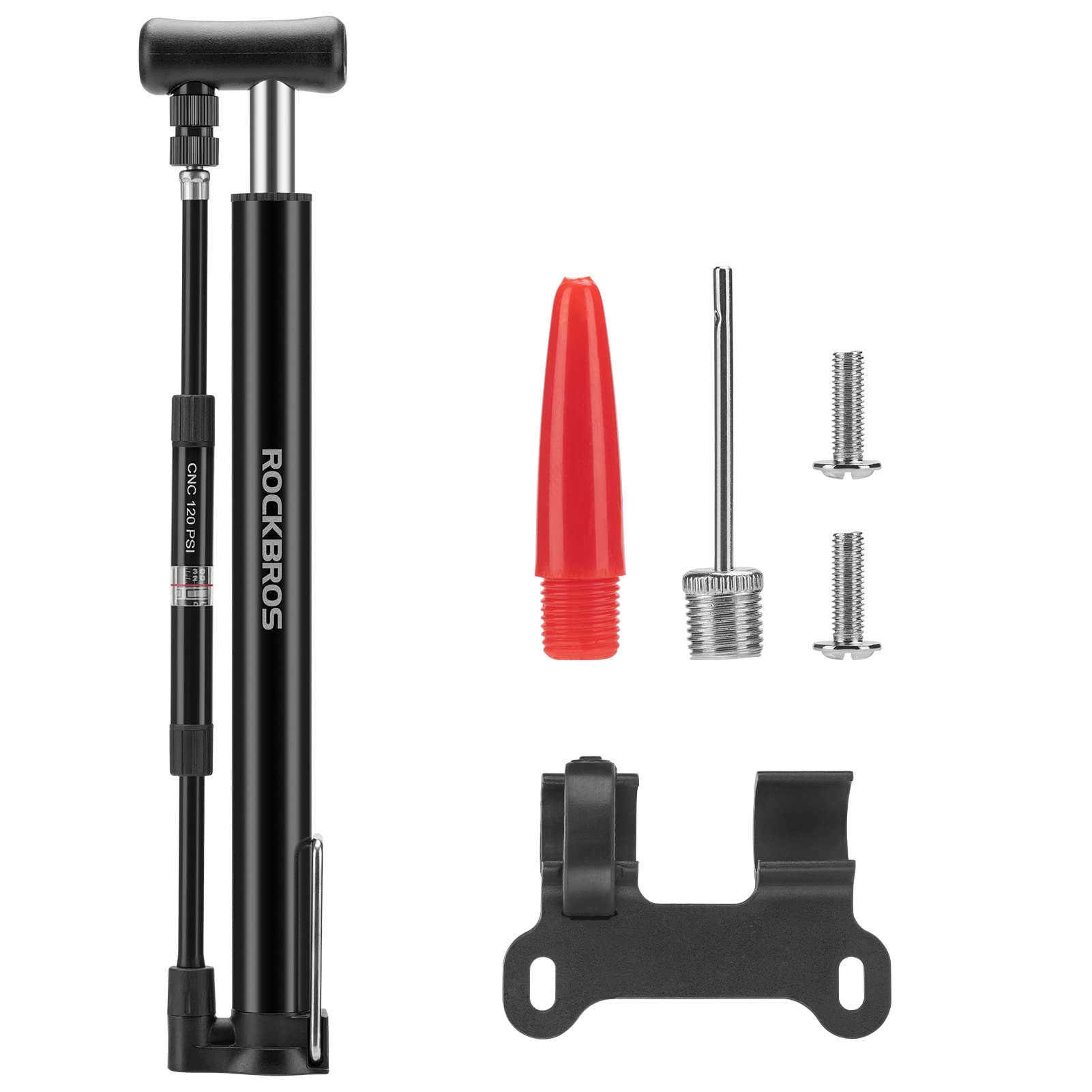 ROCKBROS Bicycle Foot Pump Bicycle Pump 120 PSI with Barometer Presta Schrader Valves Aluminum Black With Bracket Floor Pump