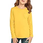 Haloumoning Girls Long Sleeve Heart Pocket T-Shirts Kids Cute Fall Tops Crewneck Basic Tees 5-14 Years