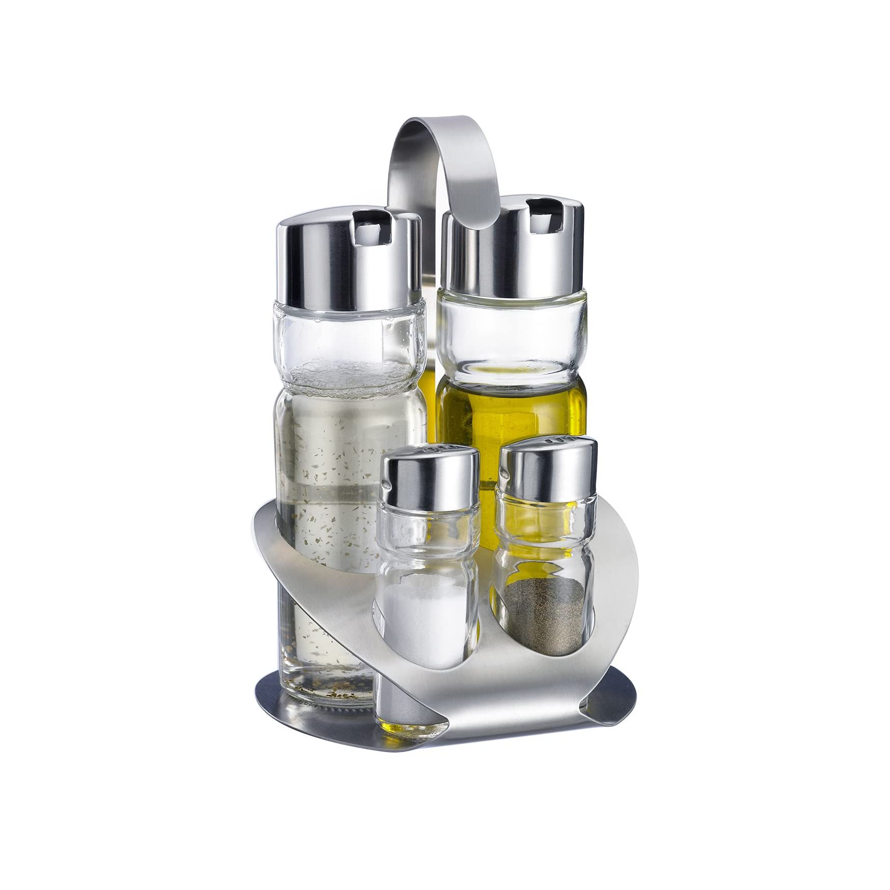 Westmark Salt, Pepper, Vinegar and Oil Caddy, 5 pieces, Volume: 2 x 40 ml / 2 x 160 ml, Stainless Steel/Glass, Wien, Silver/Transparent, 65052260