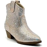Women Rhinestone Block Chunky Heel Ankle Bootie River-01 Champagne 9