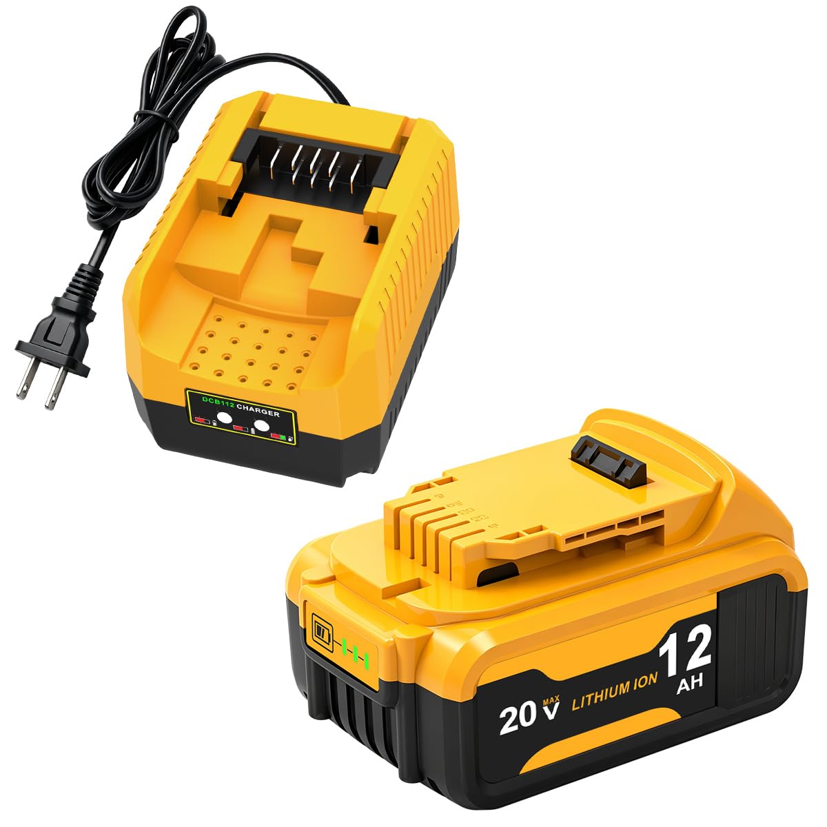 Ruzixt 1-Pack 12Ah Battery Replacement for Dewalt 20v Battery with DCB112 Battery Charger Station(Yellow)