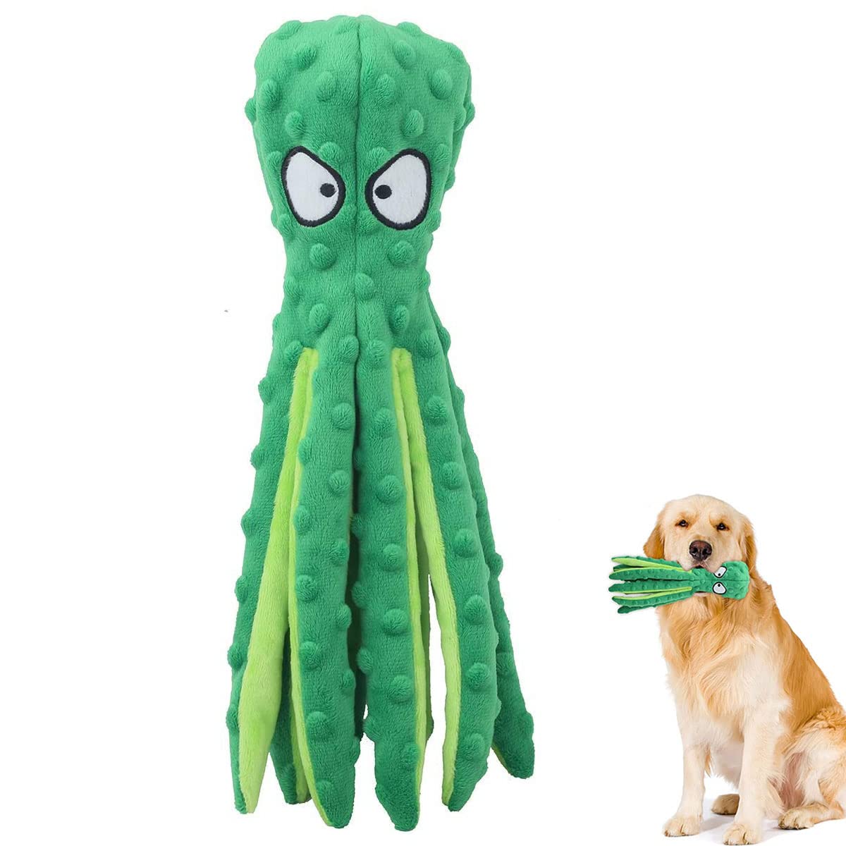 SHOKAN Squeaky Dog Toys, No Stuffing Green Octopus Dog Toy with Crinkle Paper, Durable Dog Chew Toys for Puppy Small and Medium Dogs, Plush Interactive Dog Toys for Teeth Clean