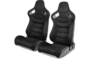 IKON MOTORSPORTS, Universal Racing Seats Pair with Dual Sliders, Black Suede Reclinable Left Right