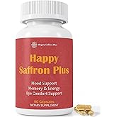 Happy Saffron Plus - 90 Capsules - with Saffron Extract, Curcumin & Zinc - Vegan, Gluten Free - 30 Servings