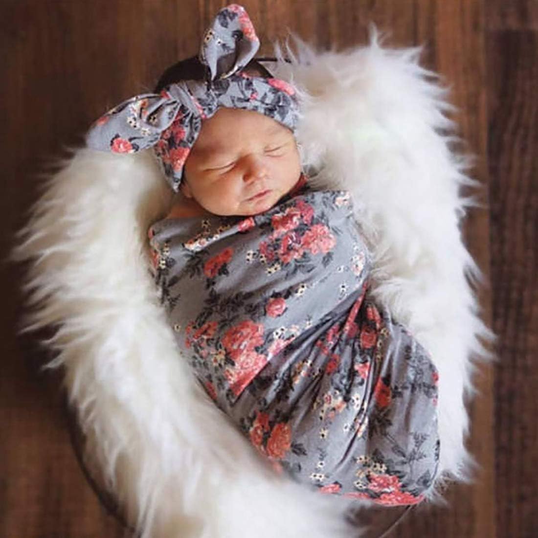 Baby Receiving Blanket Sleeping Sack Baby Wrap Swaddle Headband Set Cluster Flower Pattern