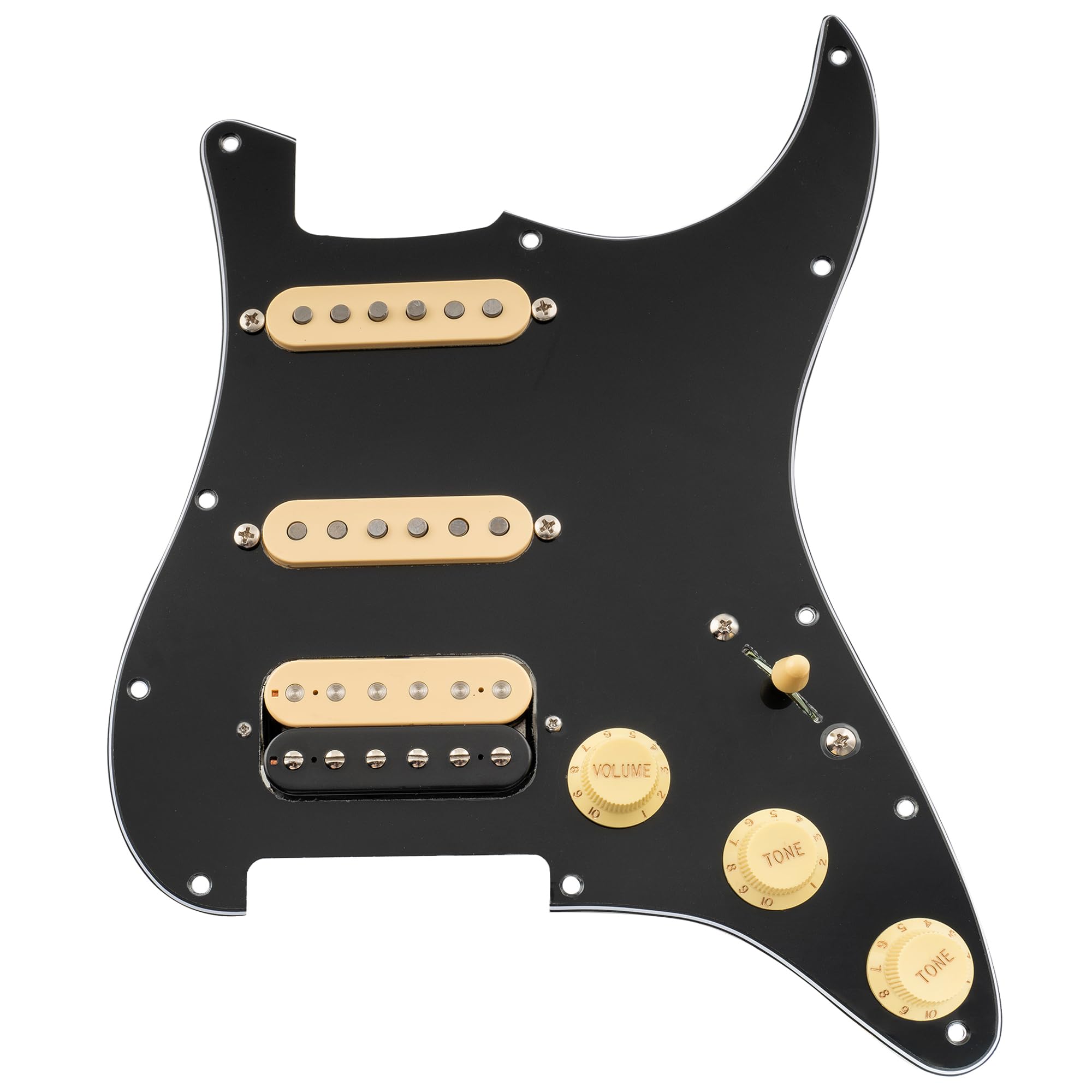 Musiclily Pro Auto-Split Pre-wired Standard HSS Pickguard with Artec Pickups Alnico 5 Magnet for ST Style Electric Guitar, 3ply Black with Zebra Bridge Pickup