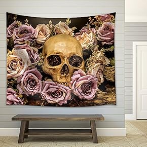 Still Life Painting Photography with Human Skull and Roses Background - Fabric Wall Tapestry Home Decor - 51x60 inches