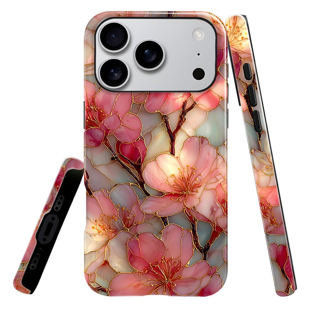 heindiy Compatible with iPhone 17 Pro Case,Glossy Case All-Round Protection Shockproof Anti-Scratches TPU Cover,Cases for Man Woman-Blossoms Pink Flower Stained Glass