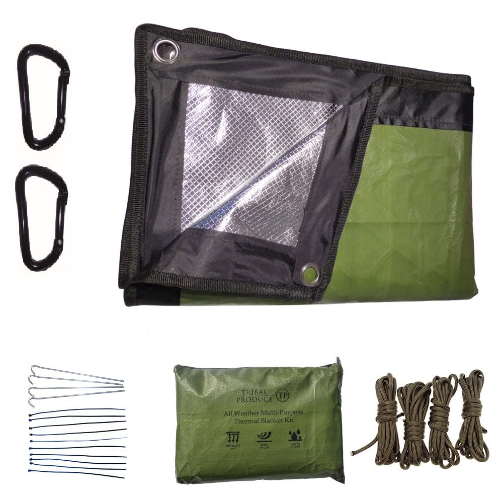 Extra Tough Edition Multi-Purpose Reusable Emergency Thermal Blanket Kit (Green) - Strong Aluminium Reflective Blanket, 2 Carabiners, 4 Steel Pegs, 4 Cords and Waterproof Pouch