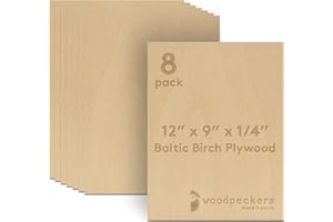 6 mm Baltic Birch Plywood 1/4 x 12 x 9 Inch, Box of 8 B/BB Grade Craft Wood, Stronger Than Basswood Sheets, for Laser, CNC Cutting and Wood Burning, by Woodpeckers