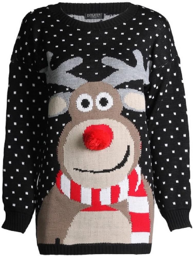 Miss High Street Chirstmas Jumpers Womens Plus Sizes and Normal 3D Nose Raindeer