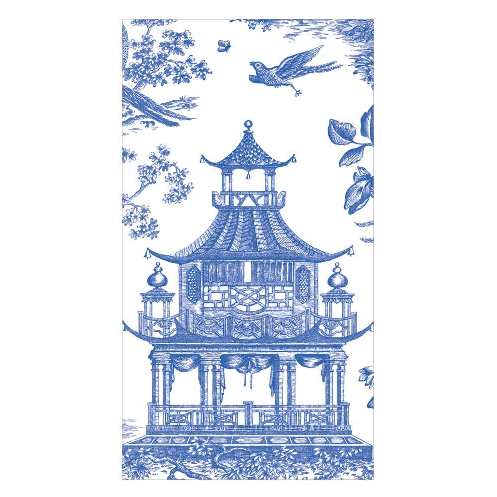 Caspari Chinoiserie Toile Pagoda Guest Towel Napkins in Blue - 15 Per Package