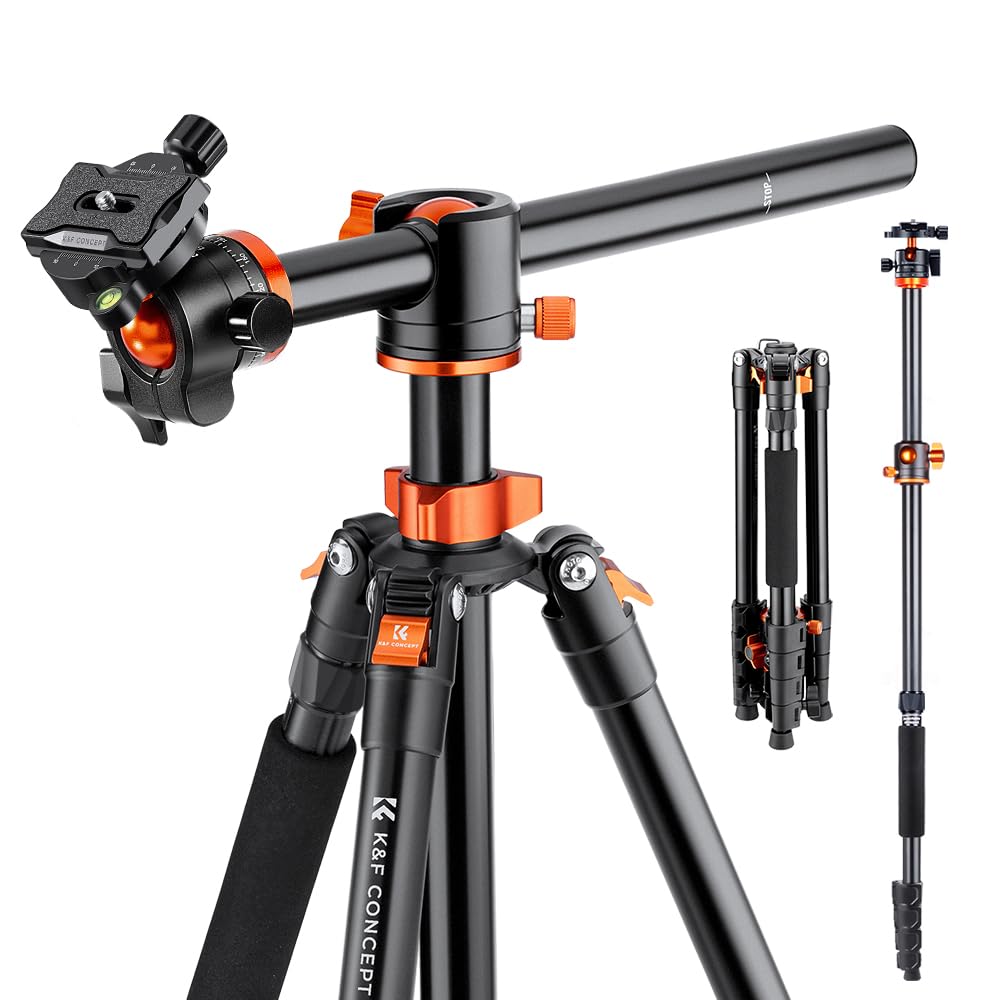Camera Tripod, K&F Concept 72" Aluminium Overhead Tripod with Monopod, Horizontal Arm Rotatable Center Column Loading Up to 22lbs for DSLR Canon Nikon Sony T254A3+BH-28L (Old Model S211) — image 1
