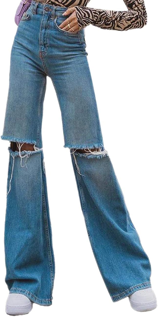 CYWYQ Women's High Waisted Jeans Y2K Destroyed Flare Jeans Pant Ripped Bell Bottom Jeans 90s E 