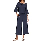ROYLAMP Women's Summer 2 Piece Outfits Bell Sleeve Round Neck Crop Top Wide Leg Pants Set Matching Lounge Set with pockets