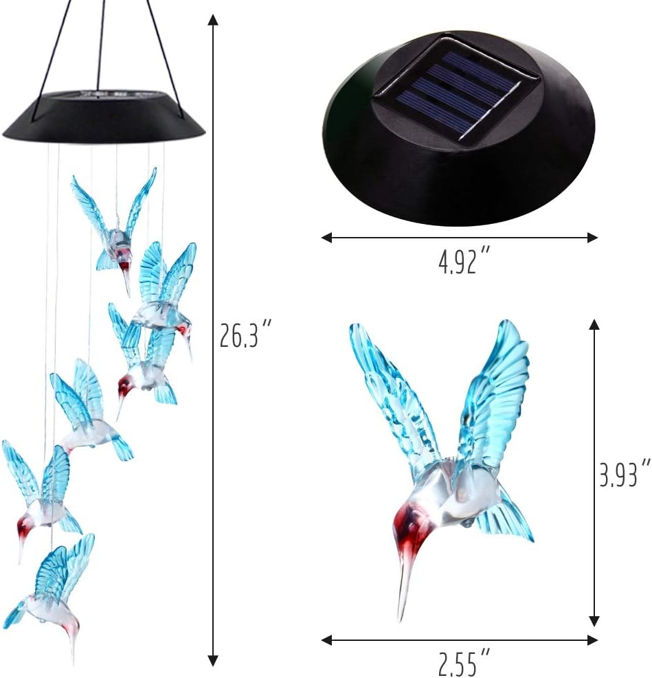 MorTime LED Solar Hummingbird Wind Chime, 25" Mobile Hanging Wind Chime for Home Garden Decoration, Automatic Light Changing Color (Blue) : Garden & Outdoor