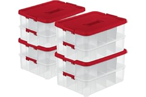 Sterilite 4-Pack 2-Layer Ornament Box, Plastic Christmas Organizer Bins with Lids, Red - Large Stackable Organizing Containers for Holiday and Seasonal Decorations