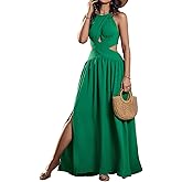 CHICME Women's Sleeveless Halter Neck Dress Criss Cross Tie Back Split High Maxi Dress