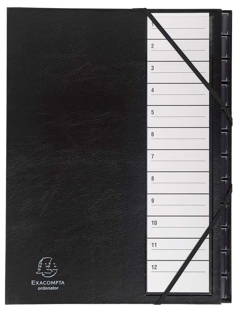 Exacompta - Ref 625665E - Harmonika Multipart File - 235 x 335mm in Size, Suitable for Storing A4 Documents, 300gsm Genuine Pressboard, Expanding Spine, 12 Sections (numbered 1-12) - Black
