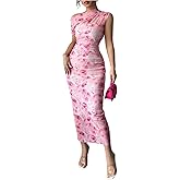 Floerns Women's Off The Shoulder Long Dress Sleeveless Floral Mesh Summer Bodycon Dresses