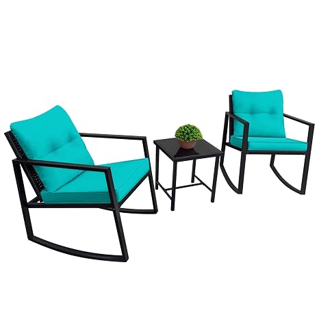 Devoko 3 Piece Rocking Bistro Set Wicker Patio Outdoor Furniture Porch Chairs Conversation Sets With Glass Coffee Table Blue Amazon In Garden Outdoors
