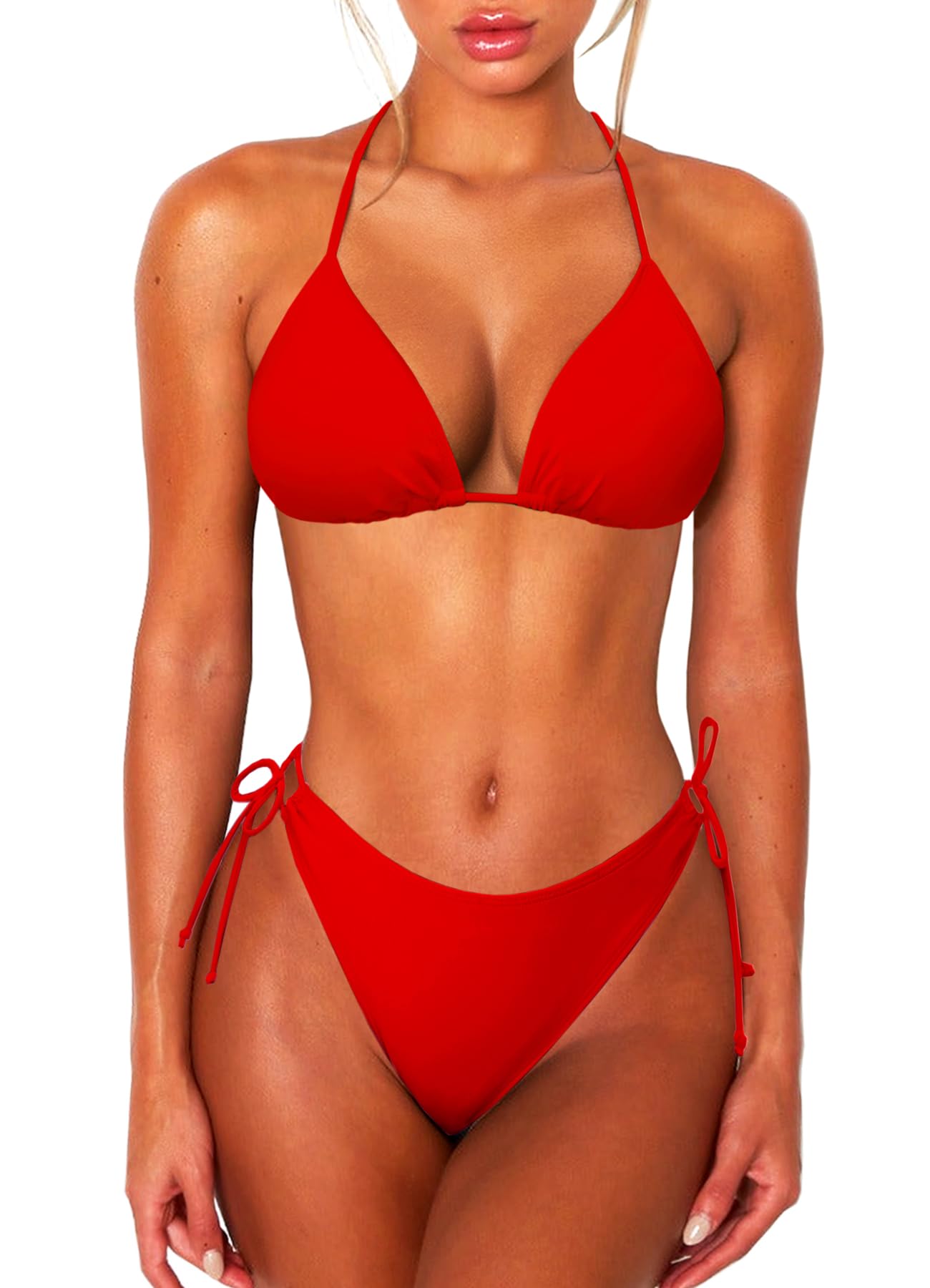 Photo 1 of OZICERD 2 Piece Bikini Sets for Women Halter Triangle Bikini Tops Brazilian String Swimsuit Full Coverage Bottom Bathing Suit Red S