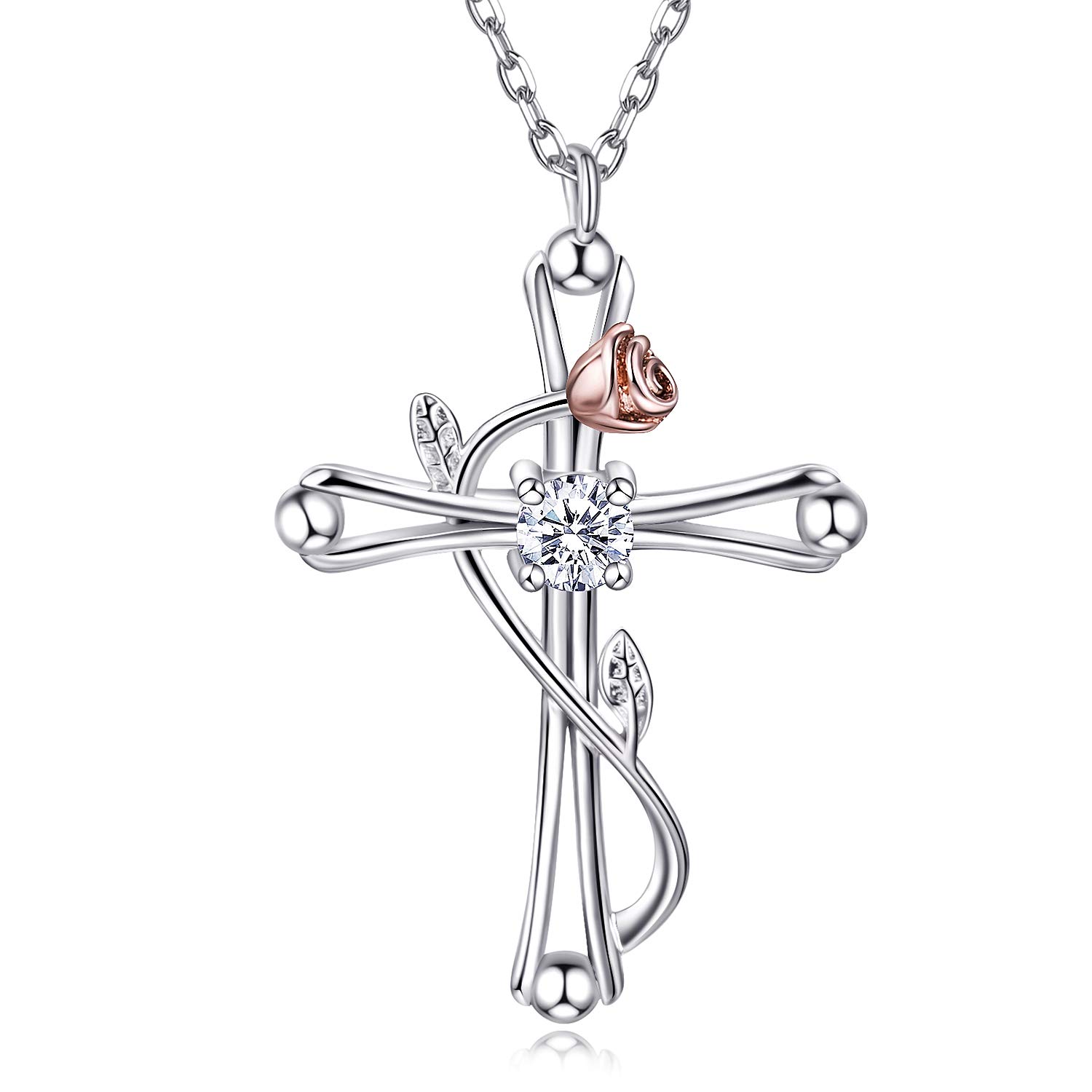 ASHLI JENA Cross Necklace for Women Faith Love 925 Sterling Silver Butterfly CZ Diamond Pendant Necklaces Mother's Day Birthday Christmas Jewelry Gift for Women Mom Wife (B- Cross Rose Flower)