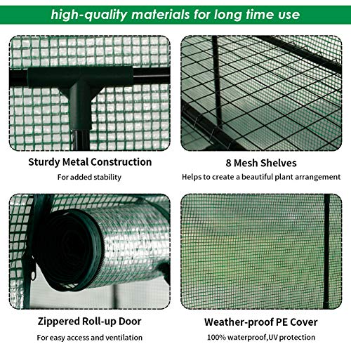 LINLUX Large Portable Walk-in Plant Greenhouse with PE Cover, 2 Tiers 8 Shelves Waterproof Gardening Steeple Greenhouse, Window Version and Roll-Up Zipper Door (56" W x 56" D x 77" H Inch)