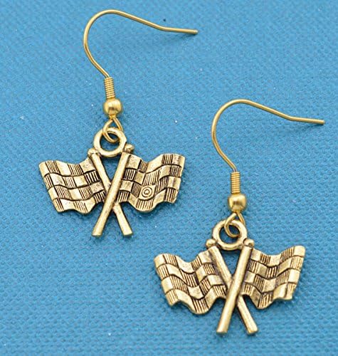 Checkered flag earrings in gold pewter. Checkered flag earrings. Car Racing Jewelry. Checkered flag charms.