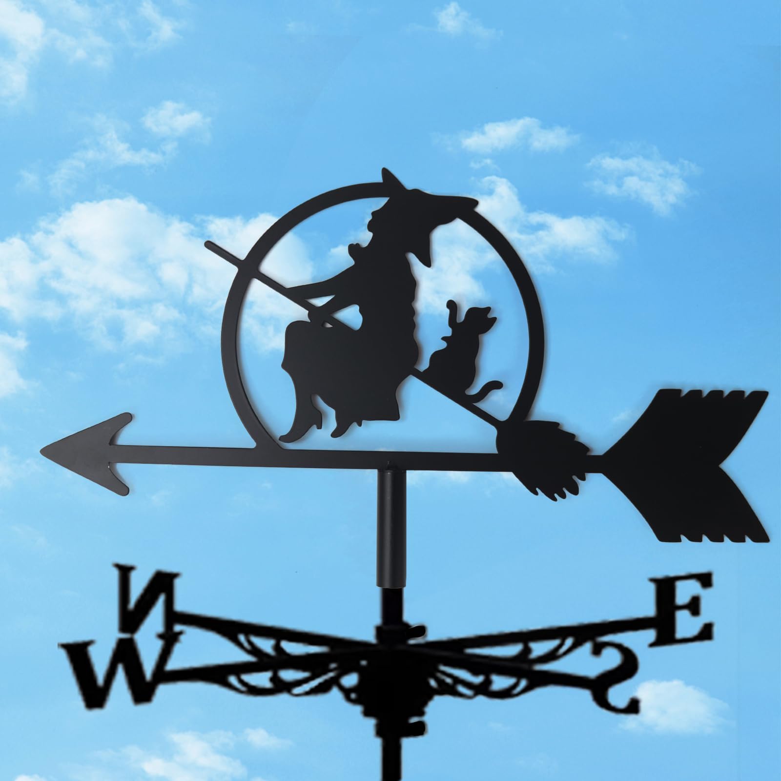Garden Decor Weather Vane - Black Ornamental Wind Direction Pointer for the Garden, Eagle Metal Weather Vane, Roof/Courtyard/Outdoor/Garden Decoration, Witch with Cat