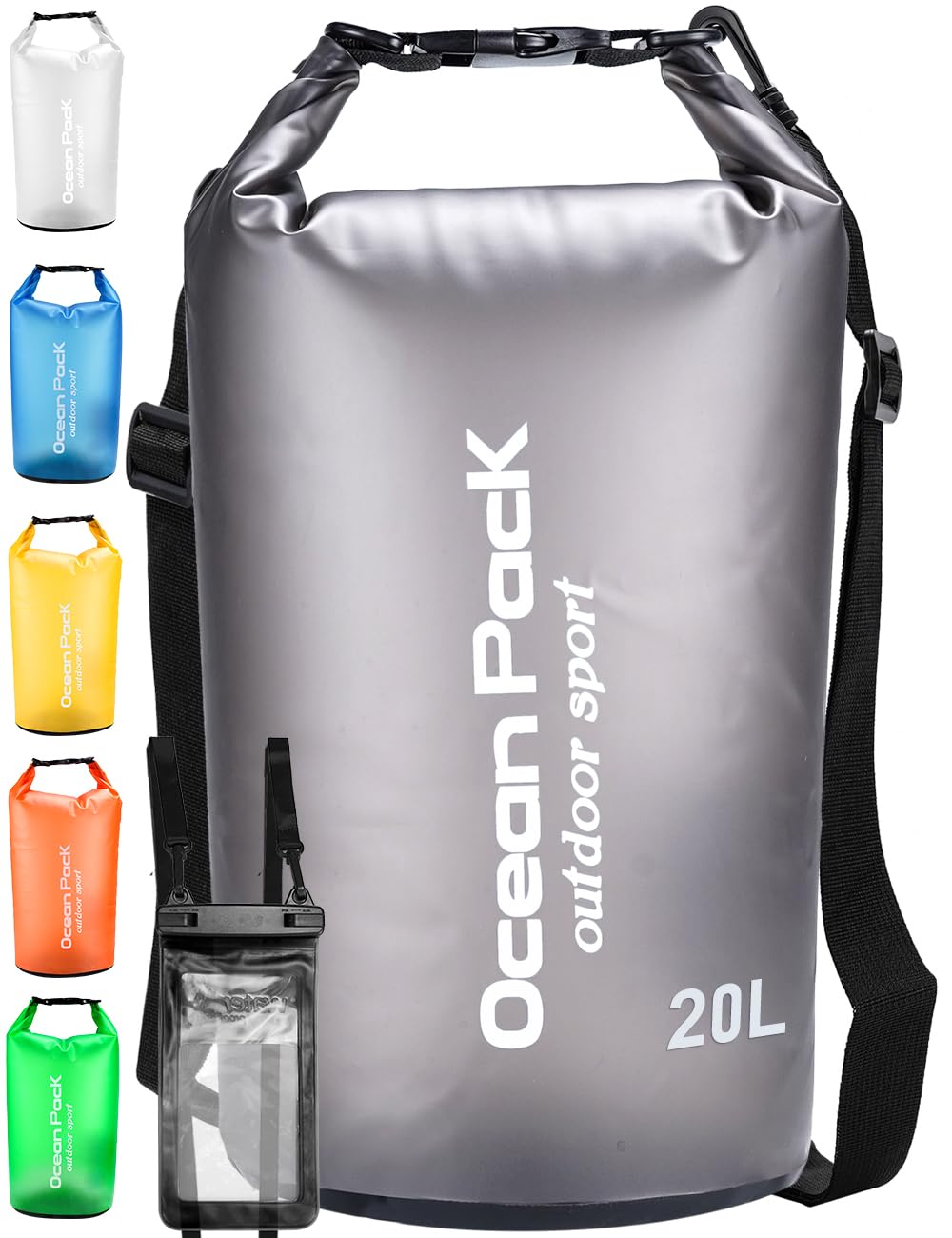 Henrycares Waterproof Dry Bag 20L 10L 5L, Sack with Phone Dry Bag and Long Adjustable Shoulder Strap Included, for Traval, Camping, Hiking, Swimming, Boating, Fishing (Black, 20L)