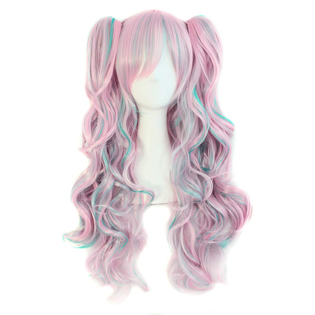MapofBeauty Multi-color Lolita Long Curly Clip on Ponytails Cosplay Wig (Pink/Blue) โ image 1