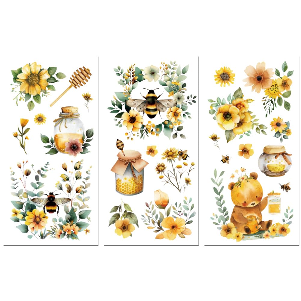 Peacoblue Rub on Transfer Decals for Furniture Crafts 6"x12", 3Pcs Flower and Bees Waterproof UV DTF Transfer Decals Sticker for Dresser Lingerie Chests Drawer Glass Porcelain Wood