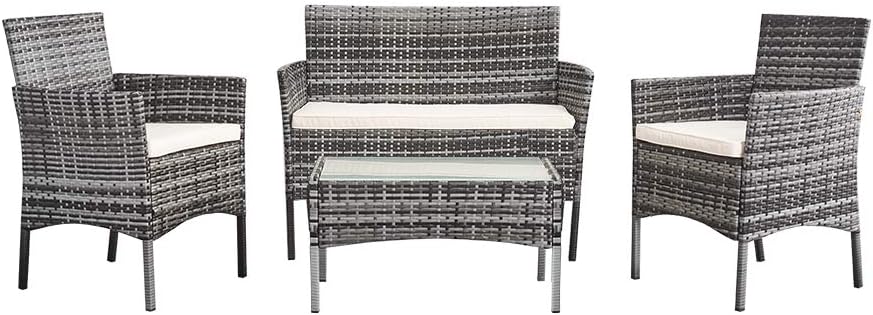 PananaHome Rattan Garden Furniture Set Patio Indoor Outdoor 4 Piece Set Table Chair Sofa Mixed Grey