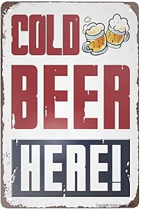 Angeloken Retro Tin Sign Vintage Metal Sign Cold Beer Here Wall Poster Plaque for Home Kitchen Bar Coffee Shop 12x8 Inch