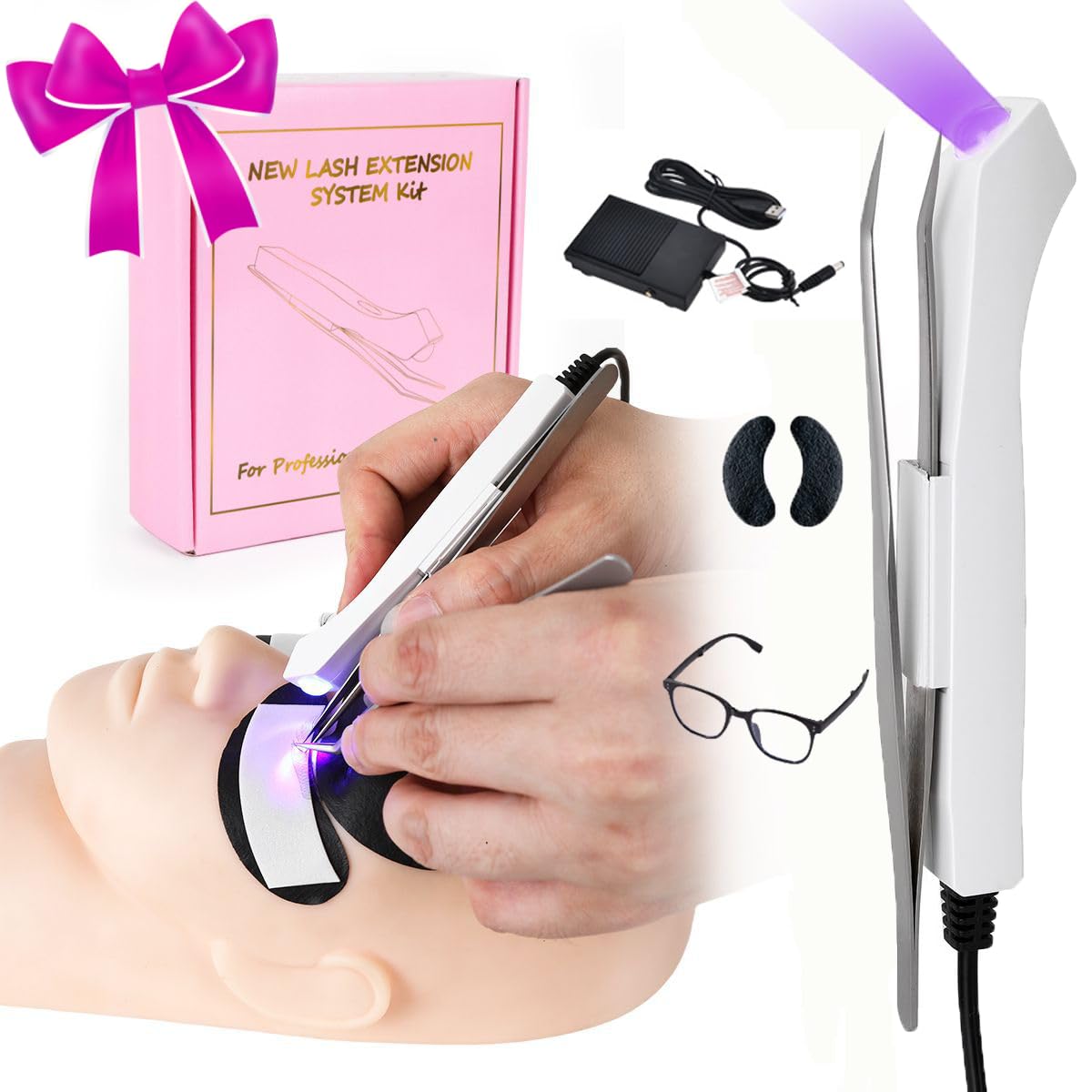 Photo 1 of Lezekar Uv Lash Lamp with Foot Pedal Portable Eyelash Extension Lamp Uv Eyelash Extension Curing Light for Nails Art US Plug Comes with Tweezers Stickers and Goggles(White)