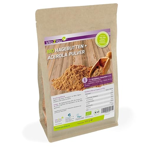 Bio Hagebuttenpulver + Acerola Pulver 100g - 100% Ökologischen Anbau - Hoher Gehalt an Vitamin C - Premium Qualität