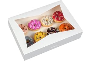 SOROO 15-PACK White Pastry Bakery Box 16x11x2.75inch,Large Donuts,Muffins,Cookies Boxes with PVC Window Auto-Pop up Paper Box Nature Cardboard Take Out Container,Hold 12 Donuts,Pack of 15