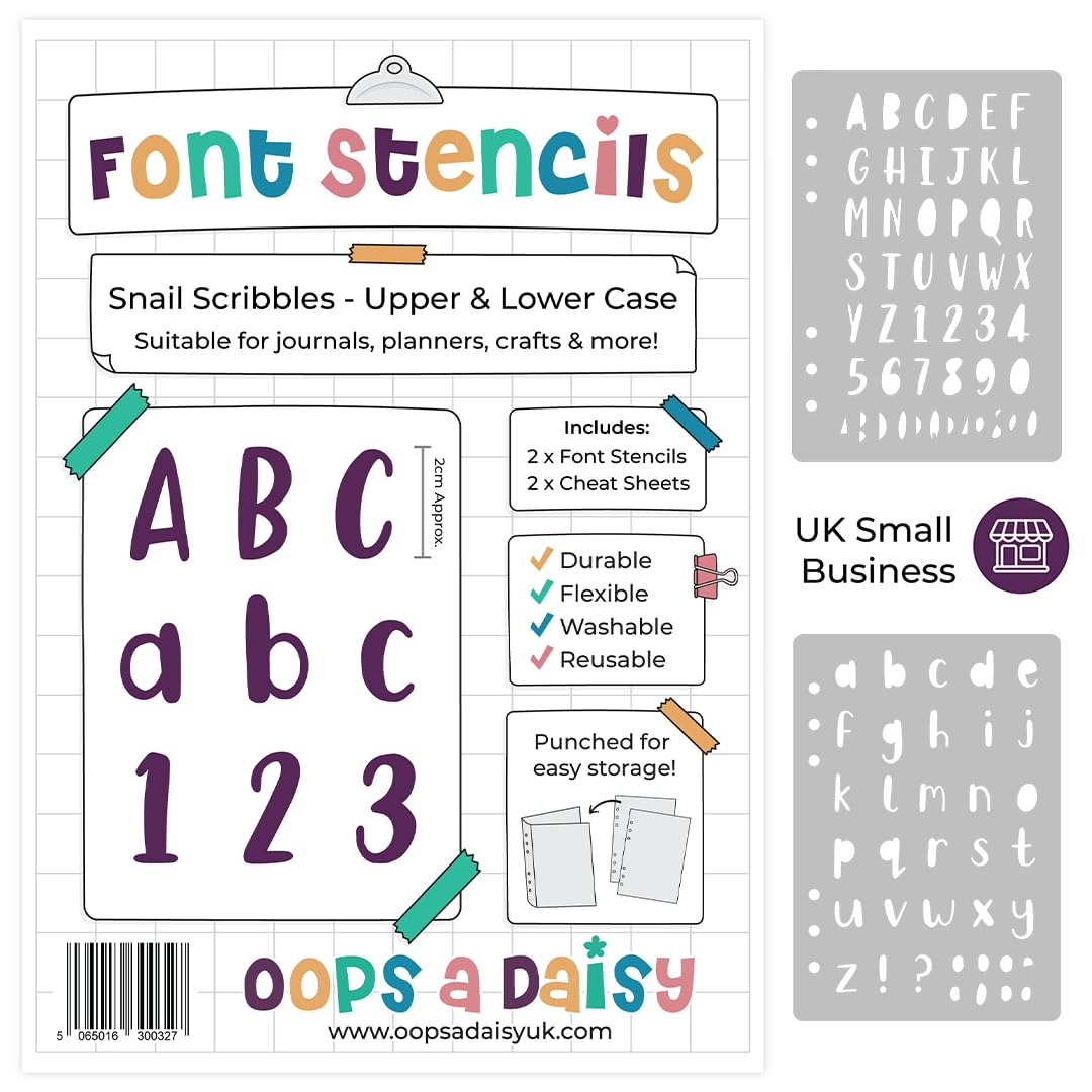 Lettering Font Stencil (Snail Scribbles Font - 20mm Tall) - Upper and Lower Case Alphabet + Numbers - Reusable Template - Perfect for Dotted Journal Bullet Planner, Scrapbook, Paper Craft, Card Making