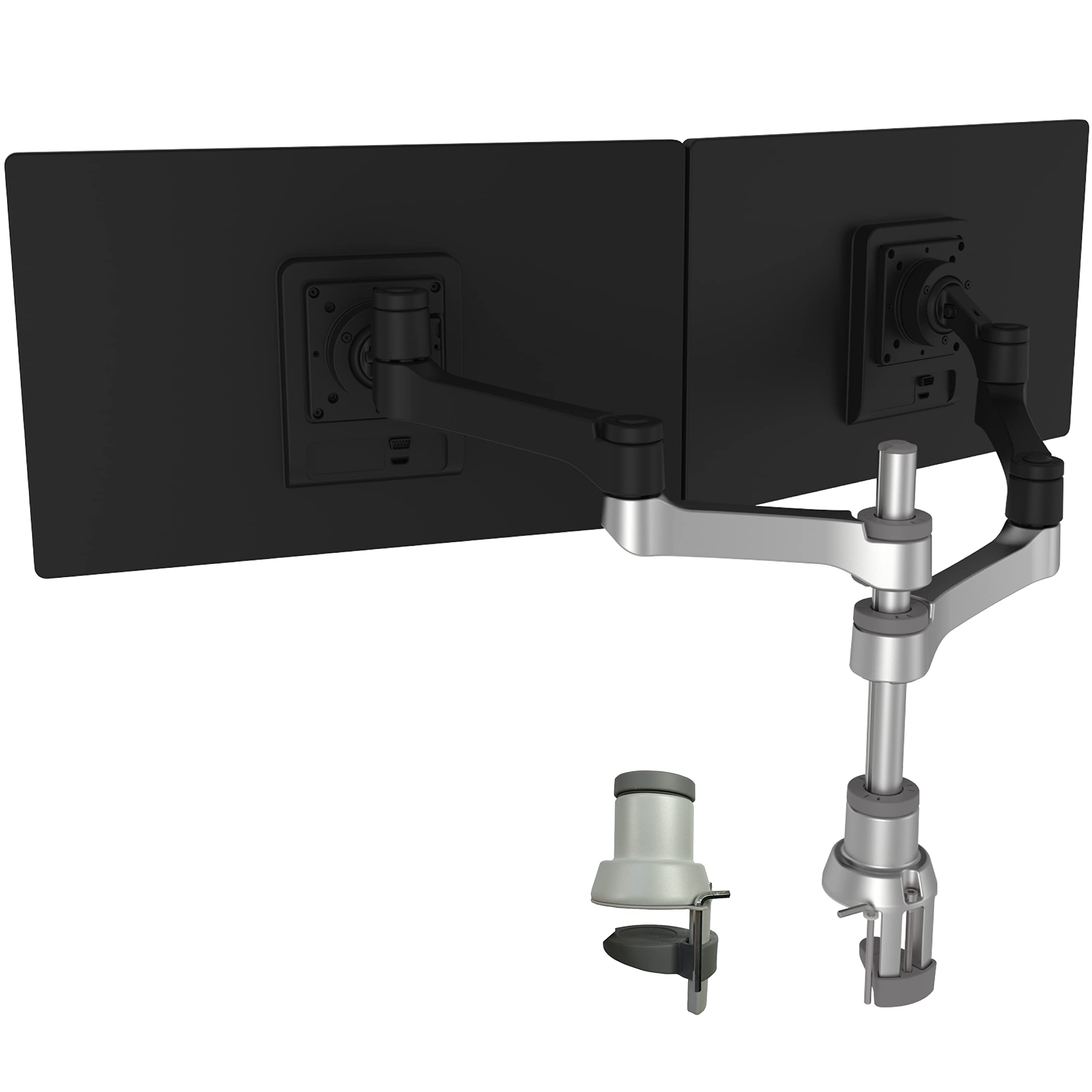 R-Go Tools Caparo 4 D2, Dual monitor arm, Fully adjustable with gas spring, Vesa(75x75 and 100x100mm) Mount Desk Stand with Clamp, Fits 40’’Inch LCD Computer Monitors, Weigh max 9KG per arm, Matte silver