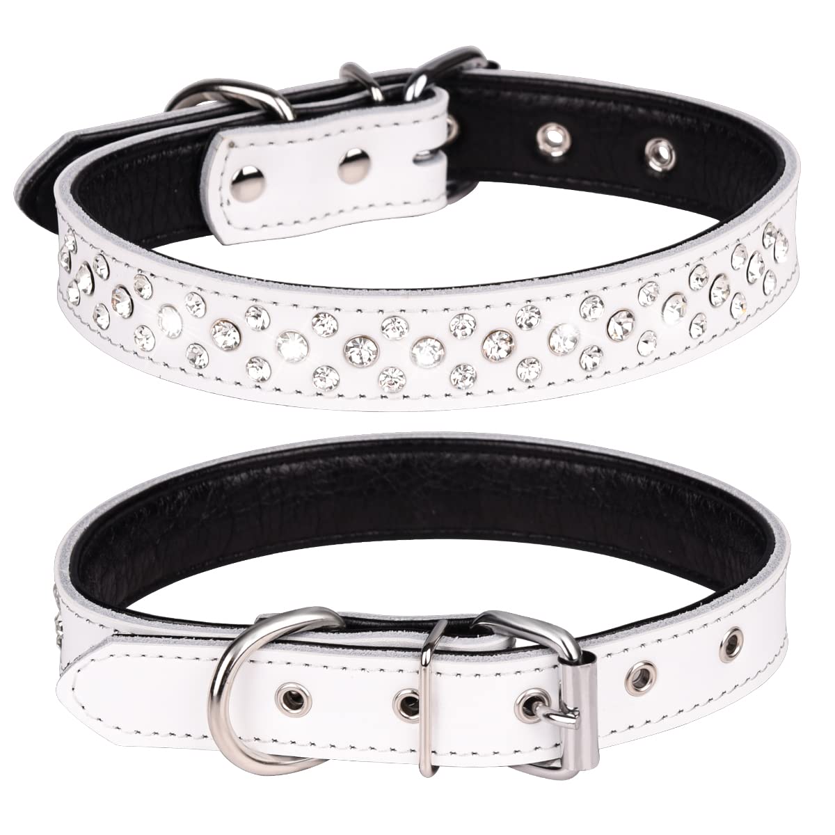 Haoyueer Rhinestones Dog Collar, Adjustable Sparkly Crystal Studded Genuine Leather Pet Dog Collar for Small and Medium Dogs (M, White)