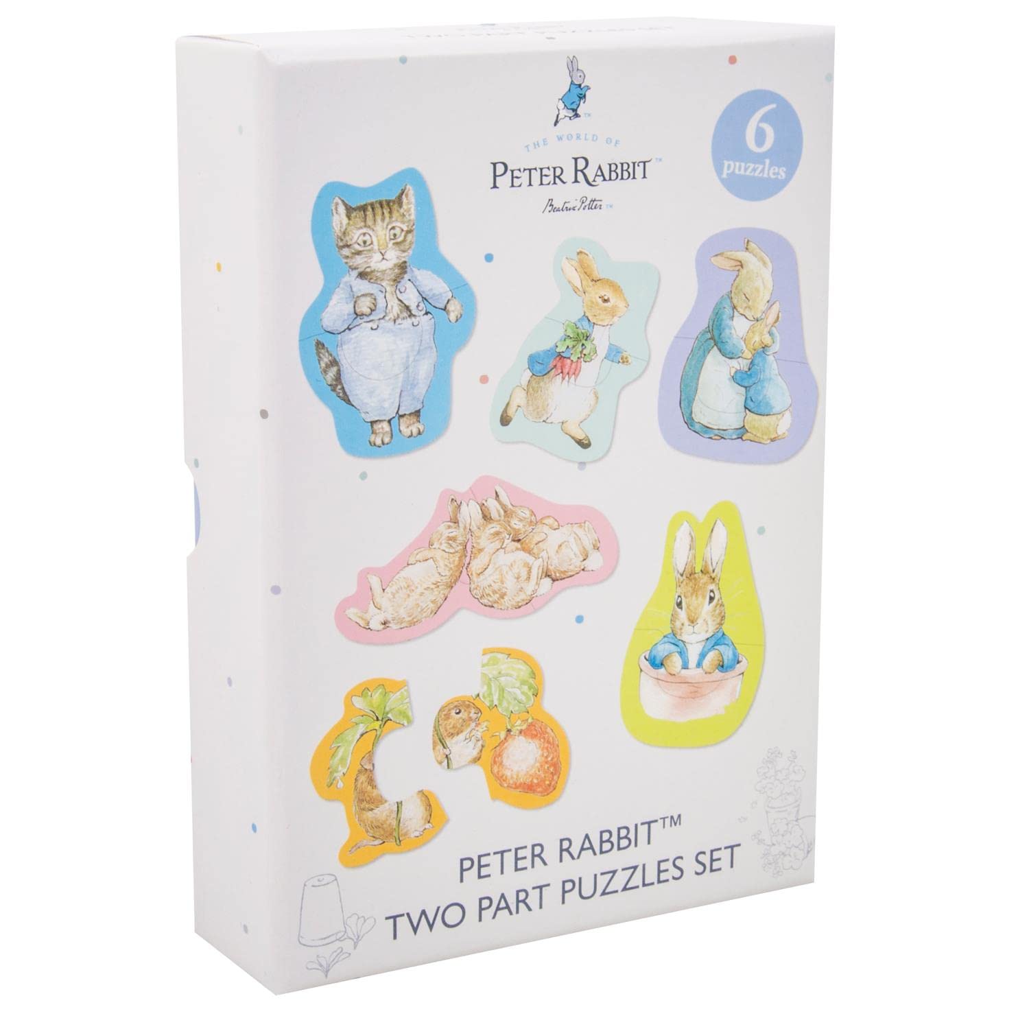 Peter Rabbit Puzzle Pack. Includes 6 x 2-Part Puzzles. Recommended for 12-24 months. Officially Licensed Peter Rabbit Merchandise. Perfect Beatrix Potter Baby Gifts.