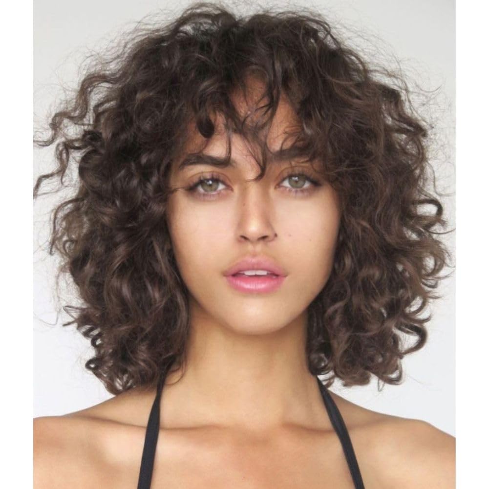 Siudus Short Brown Curly Wig for Women with Bangs Shoulder Length Naturel Synthetic Hair Wigs for Daliy Party Use — image 1